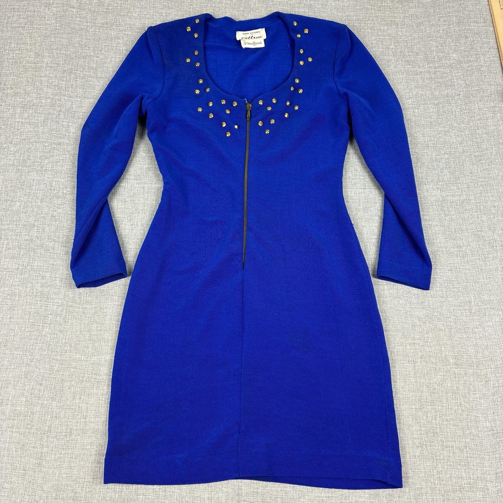 Ann Hobbs Dress Womens X-Small Blue Scoop Neck Bodycon Studded Zip Long Sleeve
